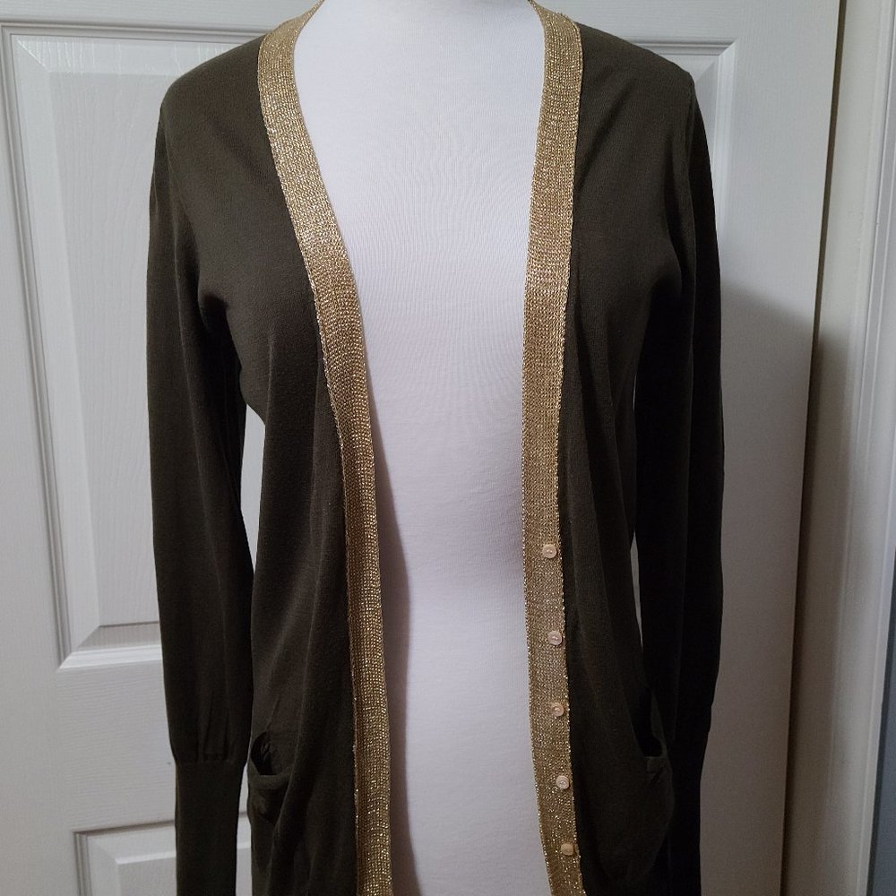 "J. Crew Olive Green Light Weight Cardigan W/Gold Trim Placket"